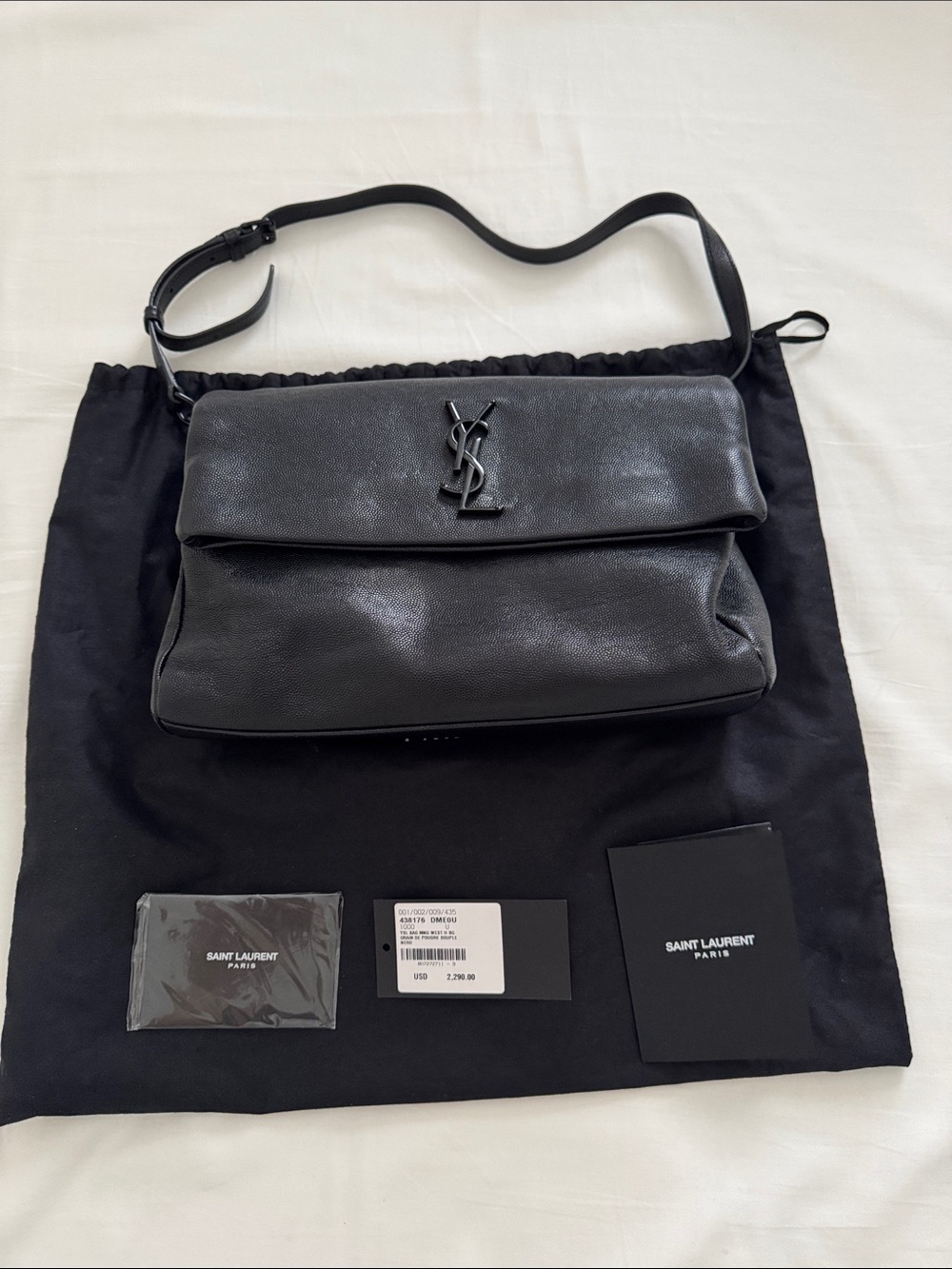 Saint Laurent Black Leather Messenger Bag with YSL Monogram